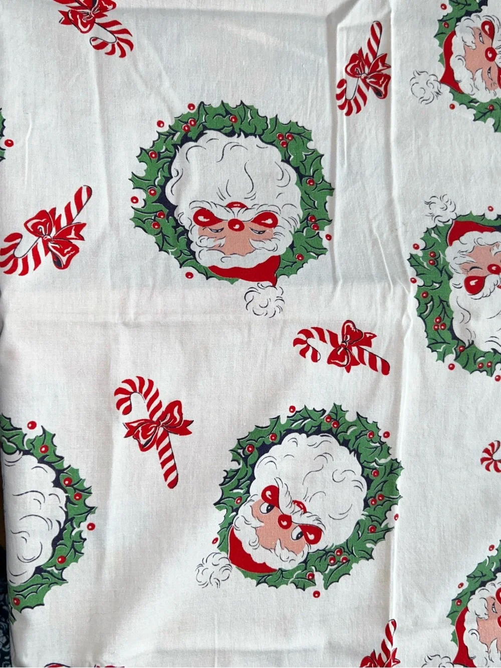 Holiday Santa Wreath Tablecloth - White with Red & Green